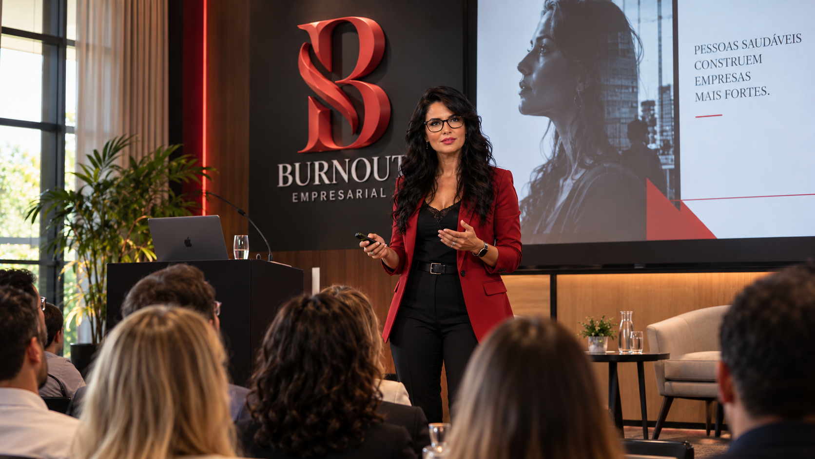 Cláudia Russo em palestra sobre saúde mental e burnout empresarial para uma plateia