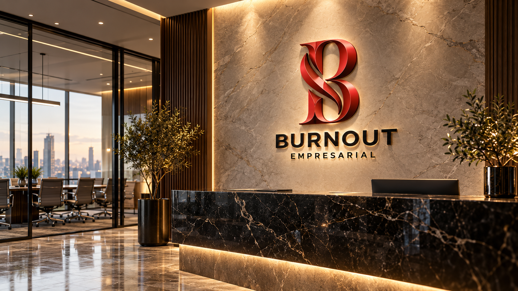 Recepção corporativa da Burnout Empresarial com a logomarca em destaque