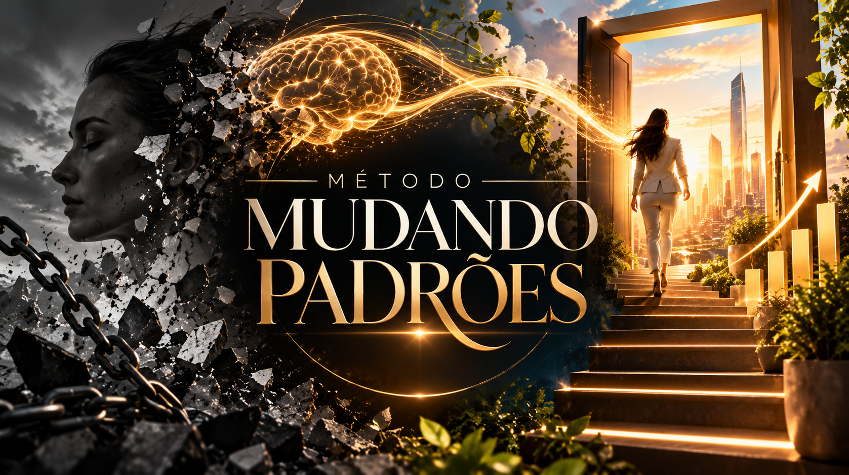 Método Mudando Padrões: composição dourada com padrões se transformando e uma mulher caminhando em direção à luz.