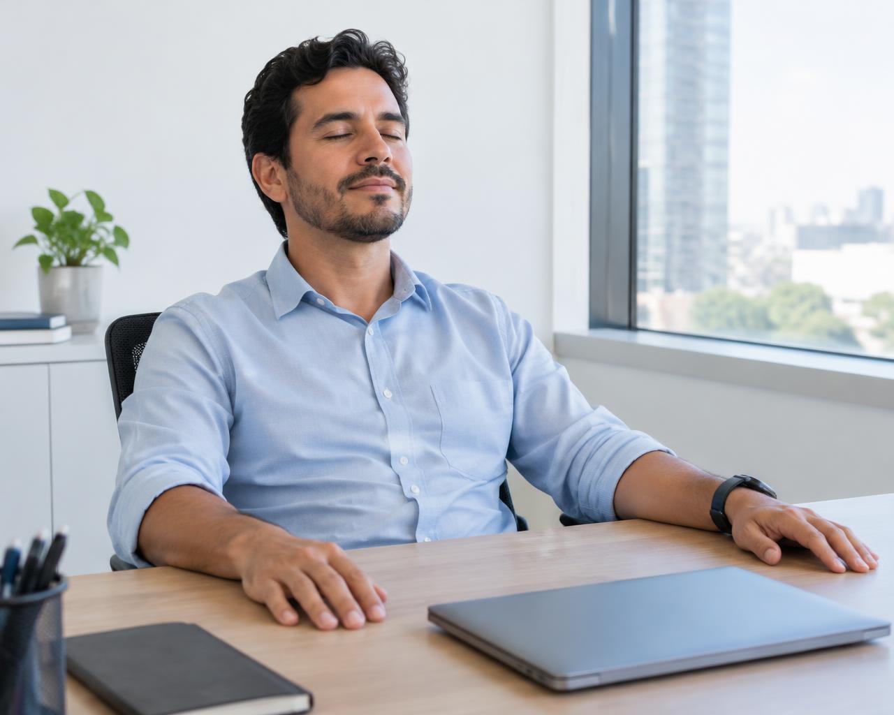 Profissional fazendo uma pausa consciente à sua mesa em ambiente de trabalho iluminado