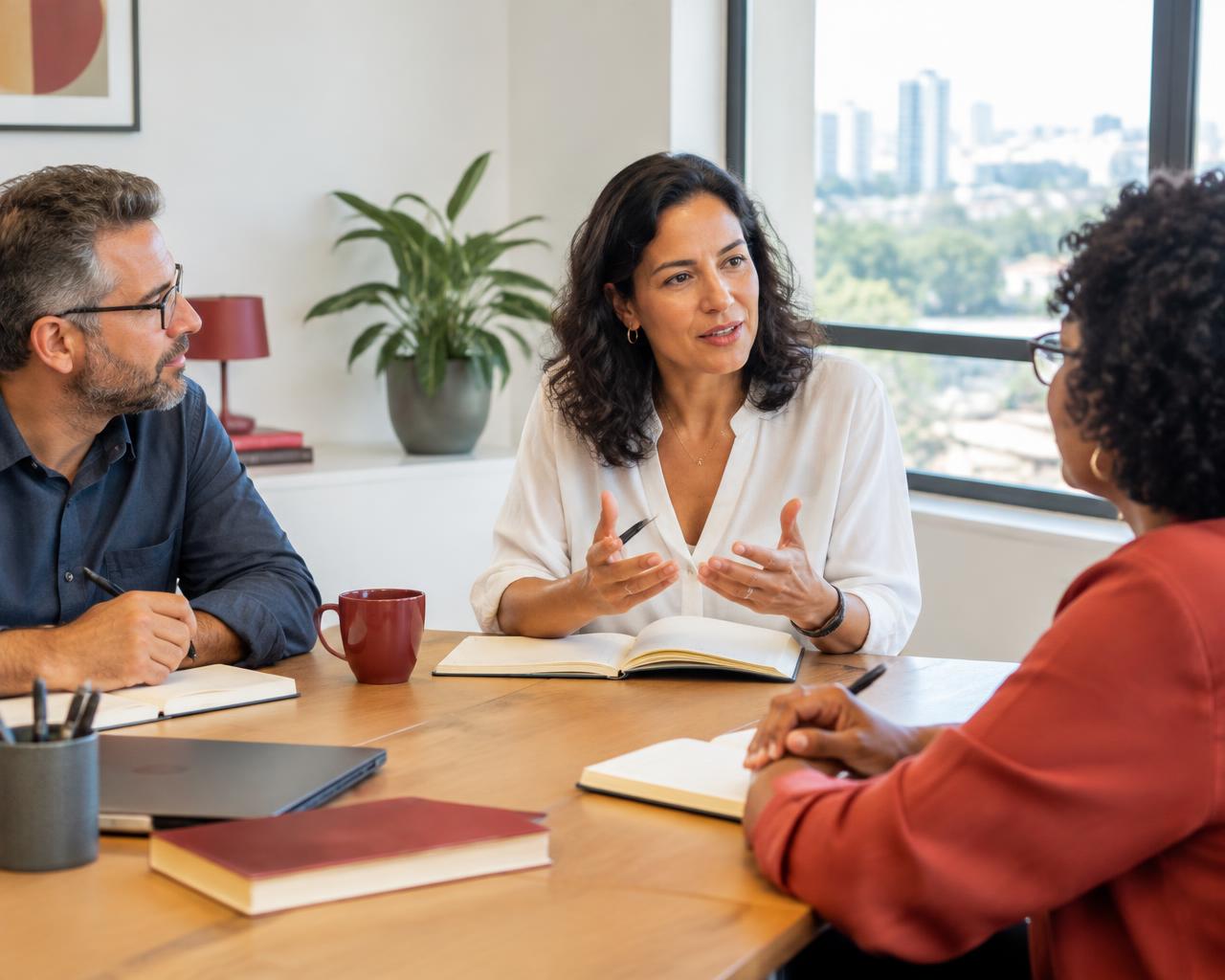 Profissionais conversando e refletindo sobre o aprendizado com cadernos abertos