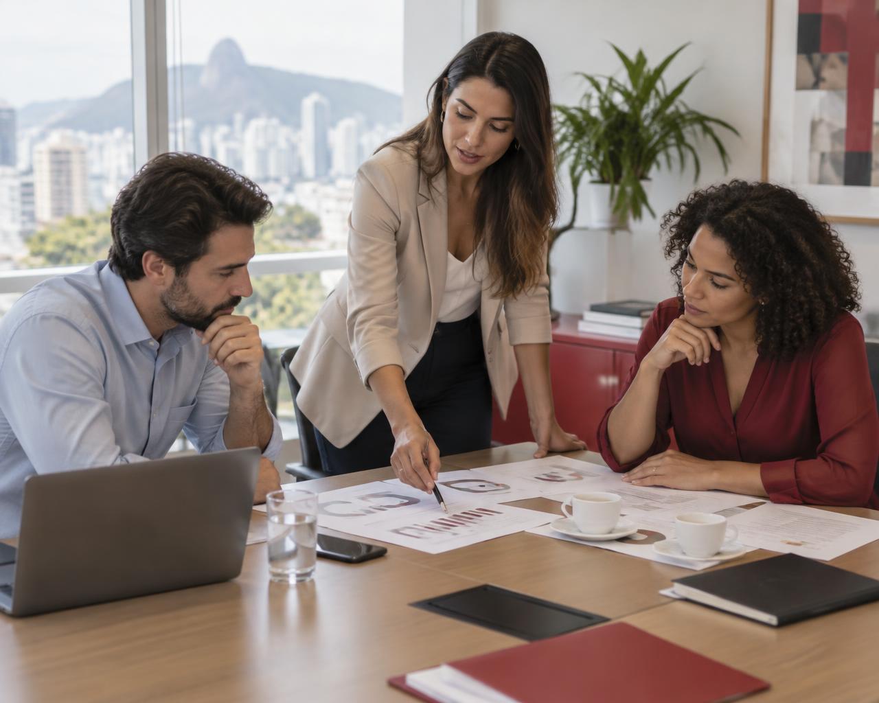 Profissionais analisando informações e documentos em uma reunião técnica