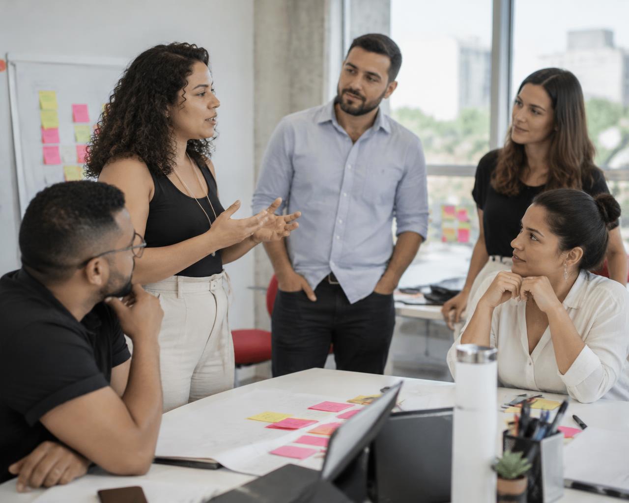 Equipe interagindo durante um workshop de desenvolvimento profissional
