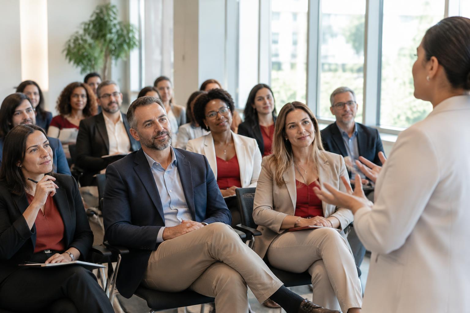 Imagem ilustrativa de profissionais atentos em um encontro empresarial, sem representar um evento da Burnout Empresarial