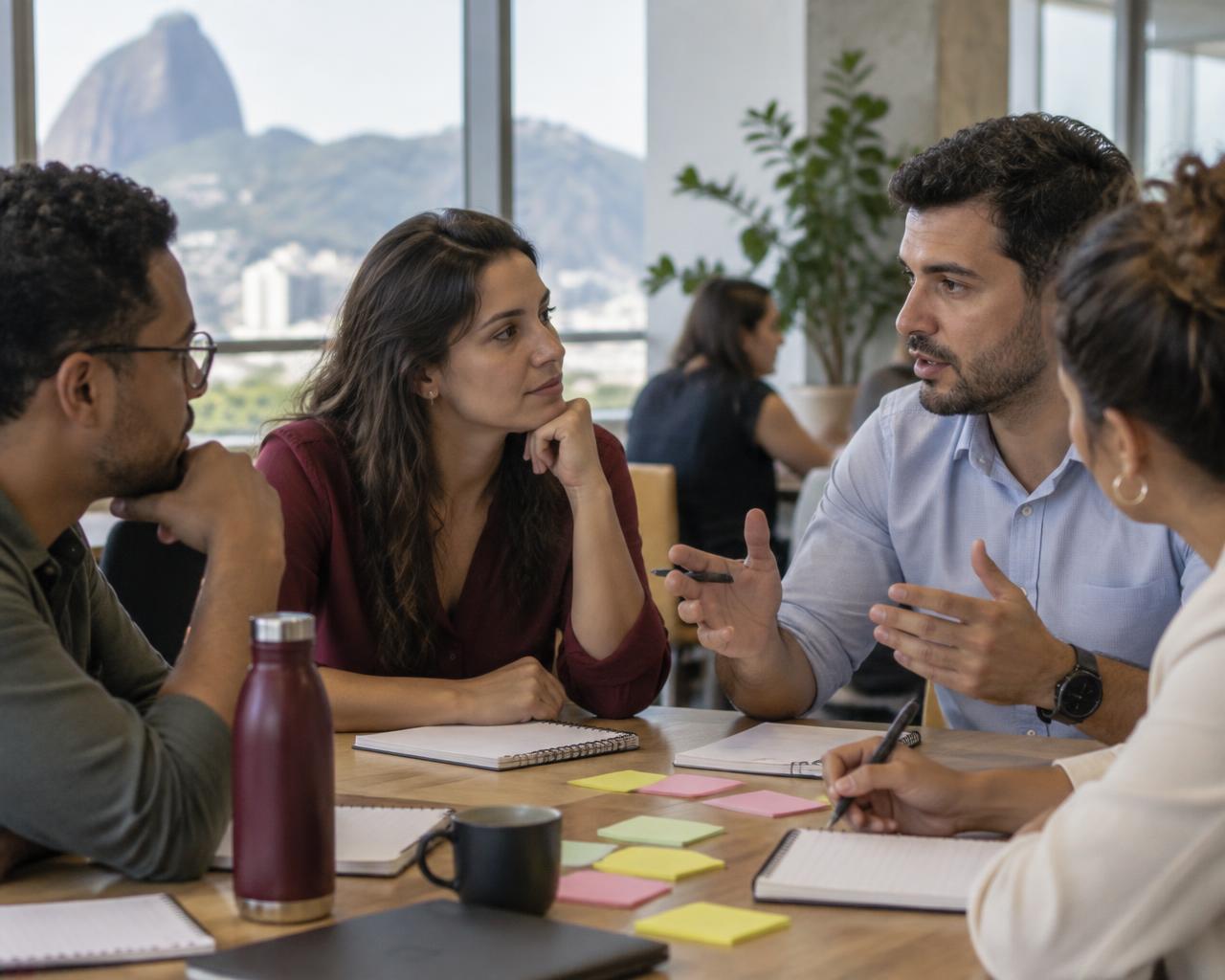 Profissionais participando de uma discussão colaborativa com cadernos e atividades práticas